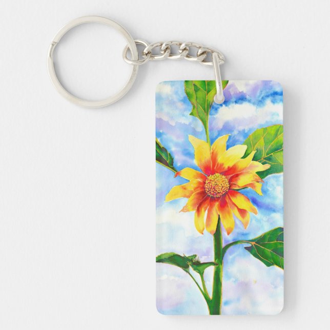 Watercolor sunflower painting yellow orange floral keychain (Front)