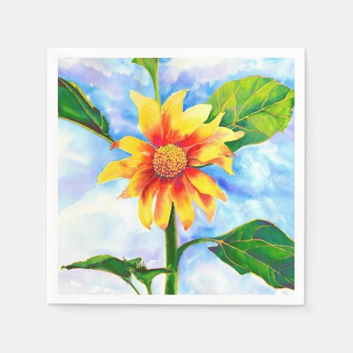 Watercolor sunflower painting yellow orange floral paper napkins