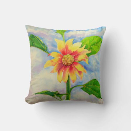Watercolor sunflower painting yellow orange floral throw pillow