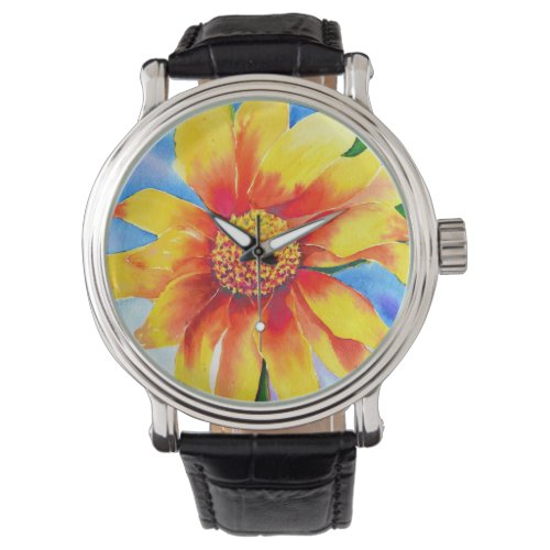 Watercolor sunflower painting yellow orange floral watch