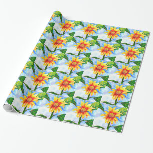 Watercolor sunflower painting yellow orange floral wrapping paper