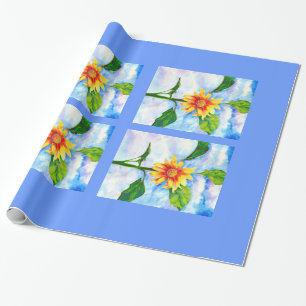 Watercolor sunflower painting yellow orange floral wrapping paper