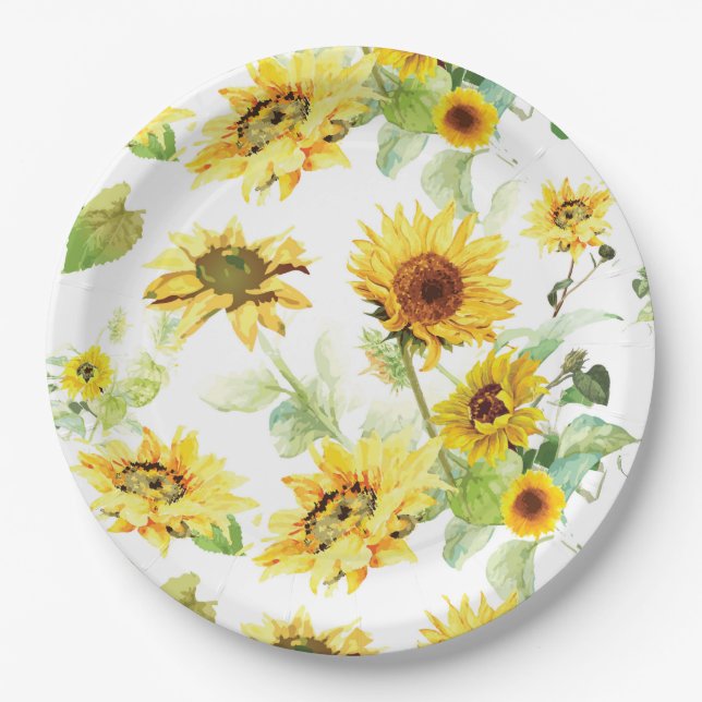 Watercolor Sunflower Paper Plates (Front)