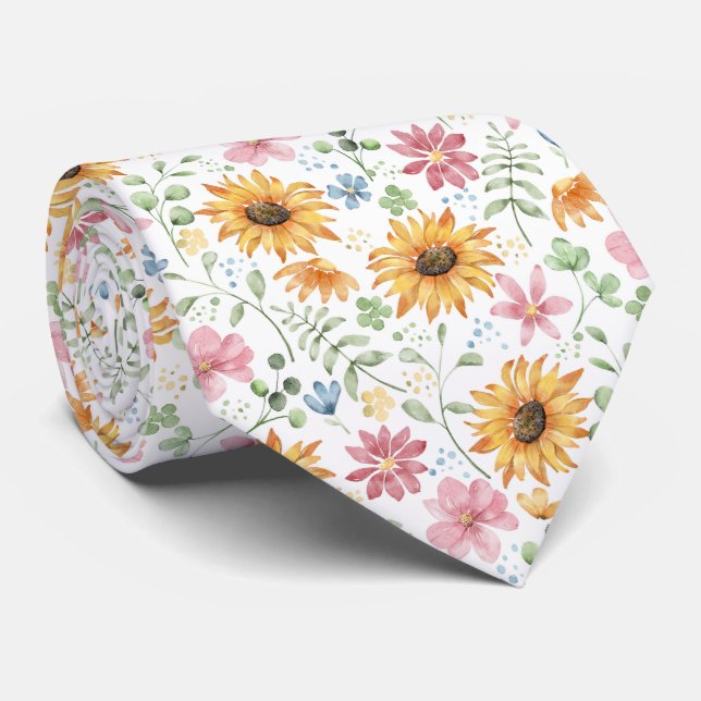 Watercolor Sunflower Pattern  Neck Tie (Rolled)