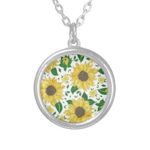 Watercolor Sunflower Pattern Silver Plated Necklace