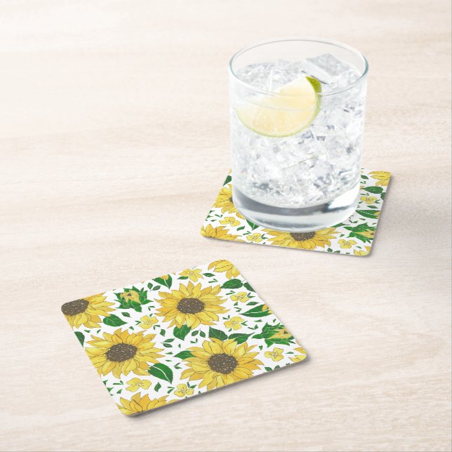 Watercolor Sunflower Pattern  Square Paper Coaster (Insitu)