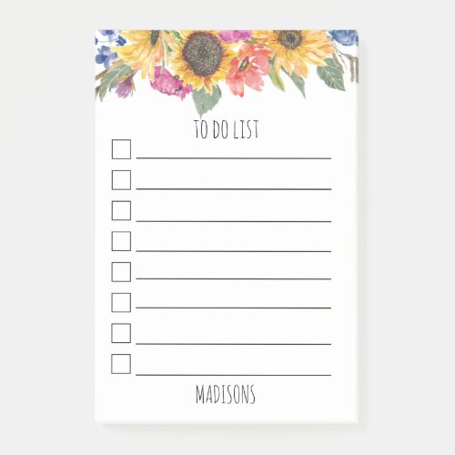 Watercolor Sunflower Personalized  To Do List Post_it Notes