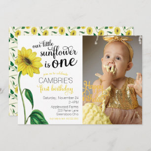 Watercolor Sunflower Photo First Birthday Invitation