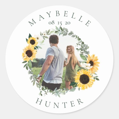 Watercolor Sunflower Photo Wreath Save The Date Classic Round Sticker