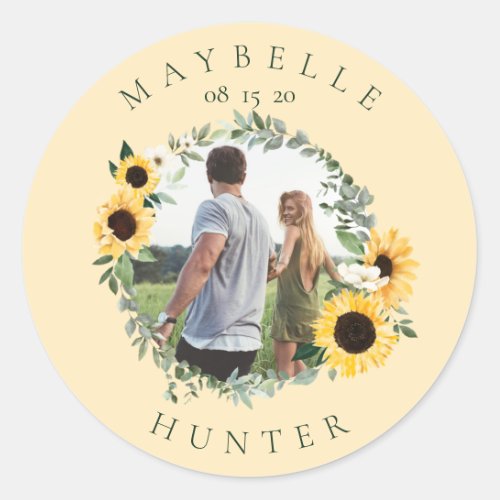 Watercolor Sunflower Photo Wreath Save The Dates Classic Round Sticker