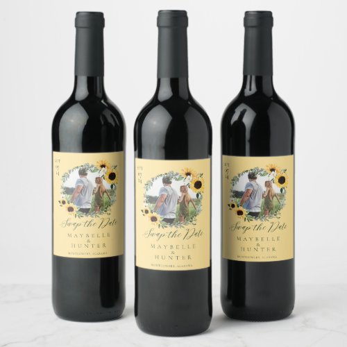 Watercolor Sunflower Photo Wreath Save The Dates Wine Label