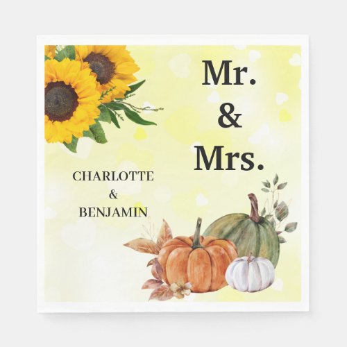 Watercolor Sunflower  Pumpkin  Mr and Mrs Wedding Napkins