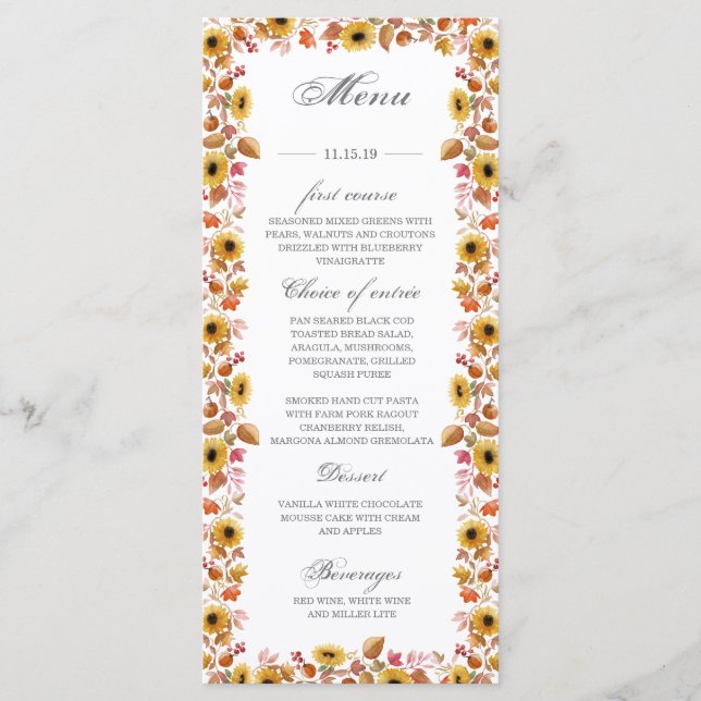 Watercolor sunflower pumpkins autumn menu card (Front)