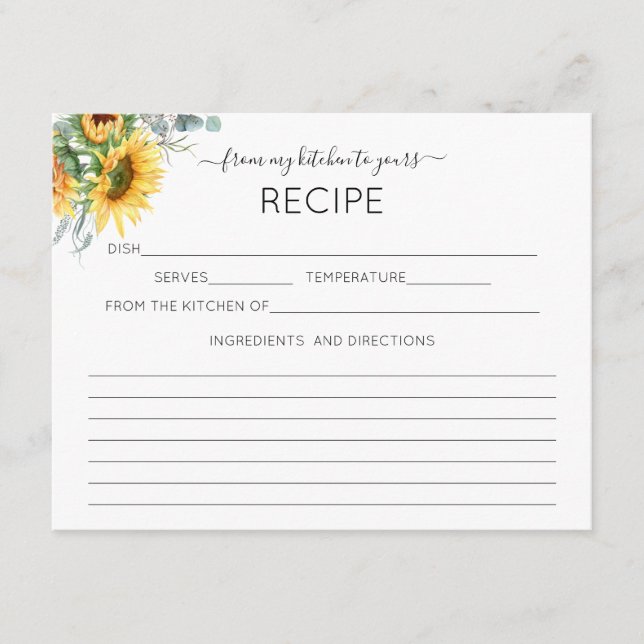 Watercolor Sunflower Recipe Card (Front)