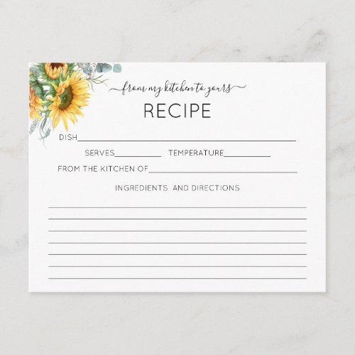 Watercolor Sunflower Recipe Card