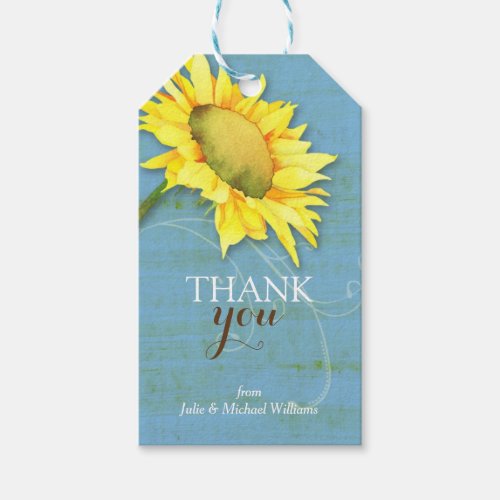 Watercolor Sunflower Rustic Blue Wedding Thank You Gift Tags