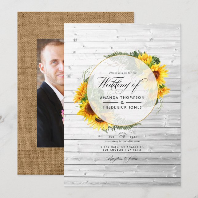 Watercolor Sunflower Rustic Country Barn Wedding I Invitation (Front/Back)
