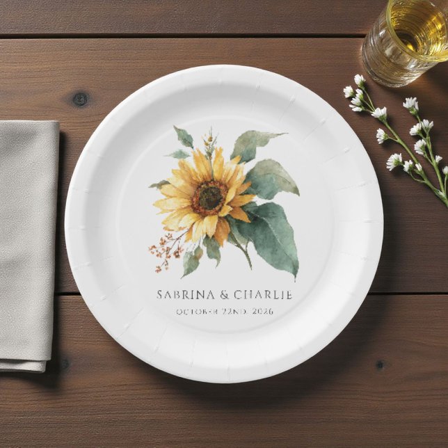 Watercolor Sunflower Rustic Country Wedding  Paper Plates (Creator Uploaded)
