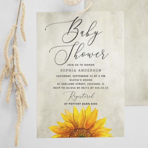 Watercolor sunflower Rustic floral baby shower Invitation
