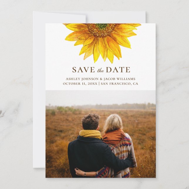 Watercolor sunflower. Rustic floral botanical Save The Date (Front)
