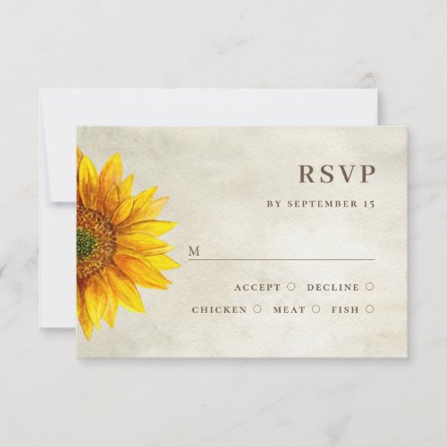 Watercolor sunflower Rustic floral fall wedding RSVP Card