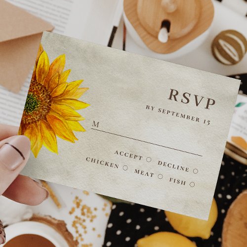 Watercolor sunflower Rustic floral fall wedding RSVP Card