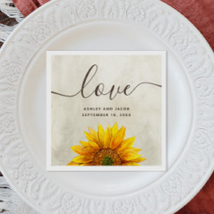 Watercolor sunflower. Rustic floral script wedding Napkins