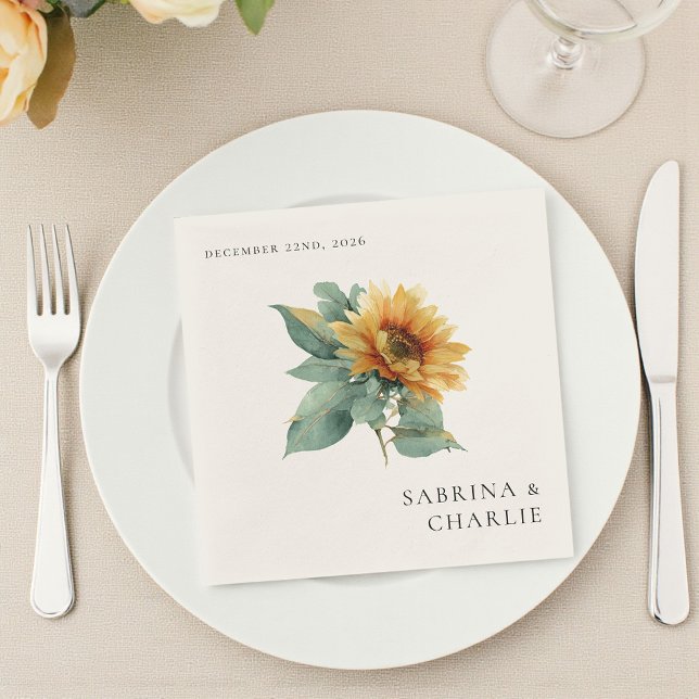 Watercolor Sunflower Rustic Floral Wedding Napkins (Creator Uploaded)