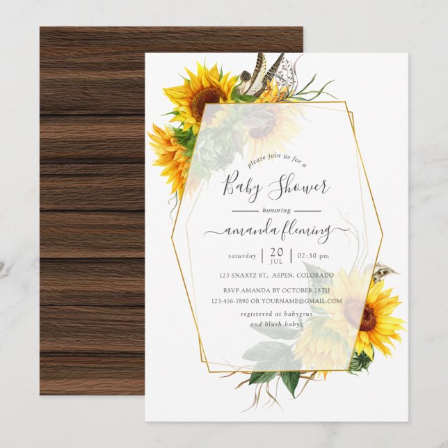 Watercolor Sunflower Rustic Geometric Baby Shower Invitation (Front/Back)