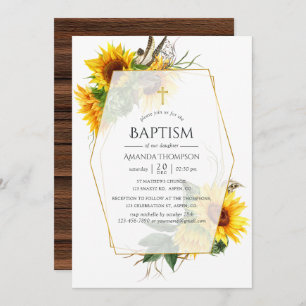 Watercolor Sunflower Rustic Geometric Baptism Invitation