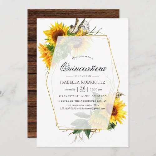 Watercolor Sunflower Rustic Geometric Quinceaera Invitation