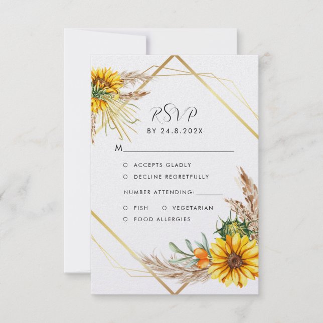 Watercolor Sunflower Rustic Wedding  RSVP Card (Front)
