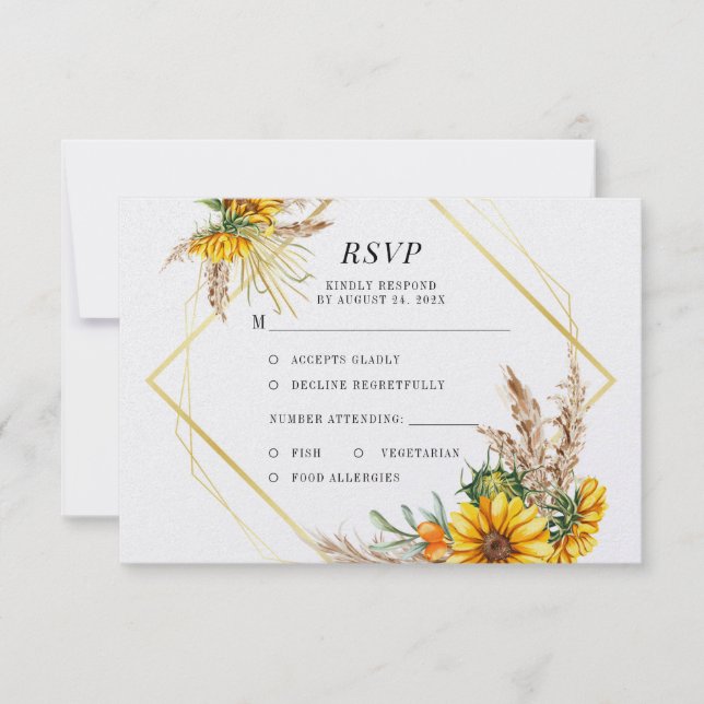 Watercolor Sunflower Rustic Wedding  RSVP Card (Front)