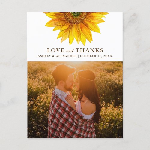 Watercolor sunflower Rustic wedding thank you Postcard