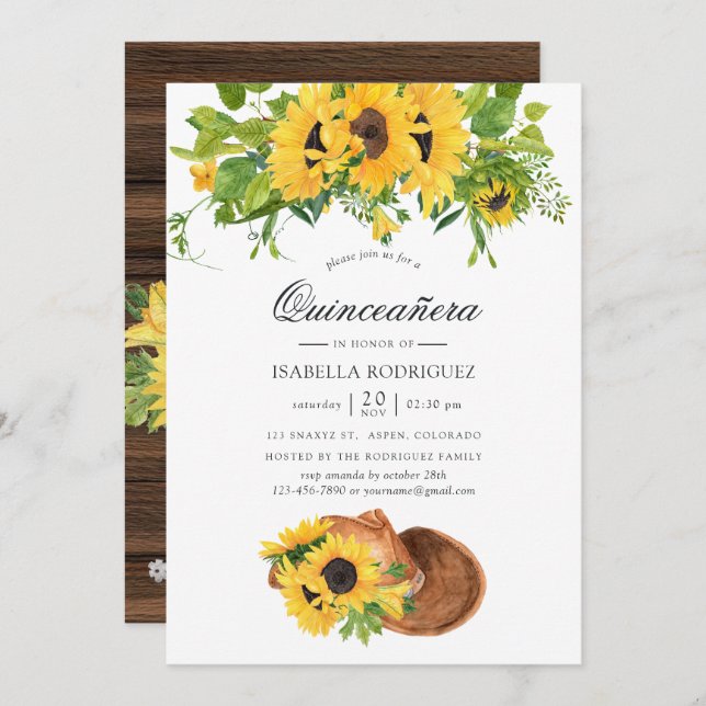 Watercolor Sunflower Rustic Western Quinceañera Invitation (Front/Back)