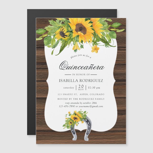 Watercolor Sunflower Rustic Western Quinceañera Magnetic Invitation (Front/Back)