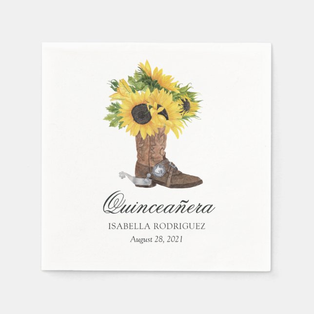 Watercolor Sunflower Rustic Western Quinceañera Napkins (Front)