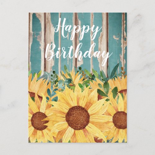 Watercolor Sunflower  Rustic Wood Birthday  Postcard