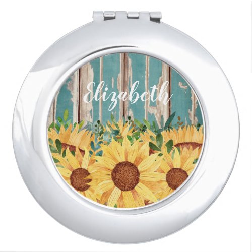 Watercolor Sunflower  Rustic Wood Personalized   Compact Mirror