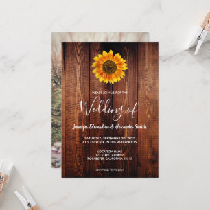 Watercolor sunflower rustic wood photo wedding invitation