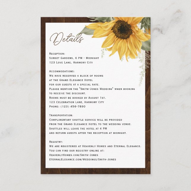 Watercolor Sunflower rustic wood wedding details Enclosure Card (Front)