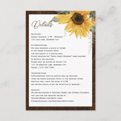 Watercolor Sunflower rustic wood wedding details Enclosure Card