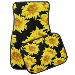 Watercolor Sunflower Seamless Black Pattern Car Floor Mat
