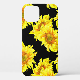 Watercolor Sunflower Seamless Black Pattern iPhone 12 Case