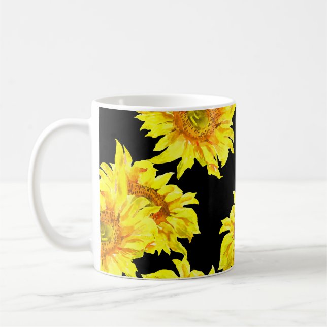 Watercolor Sunflower Seamless Black Pattern Coffee Mug (Left)