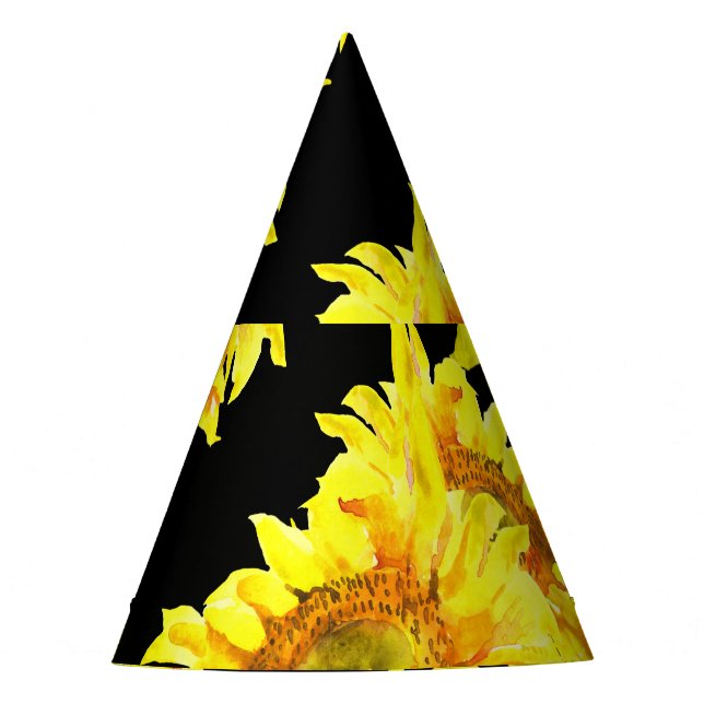 Watercolor Sunflower Seamless Black Pattern Party Hat (Front)