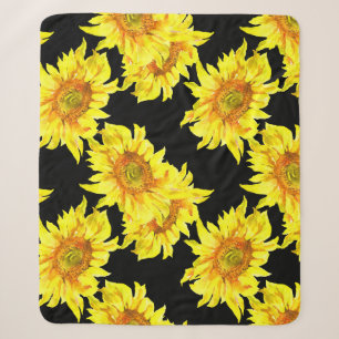 Watercolor Sunflower Seamless Black Pattern Sherpa Blanket