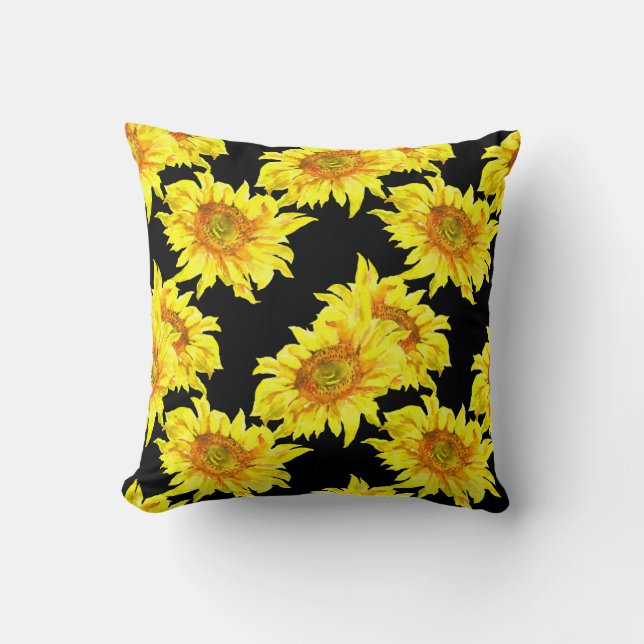 Watercolor Sunflower Seamless Black Pattern Throw Pillow (Front)