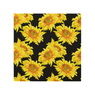 Watercolor Sunflower Seamless Black Pattern Wood Wall Art