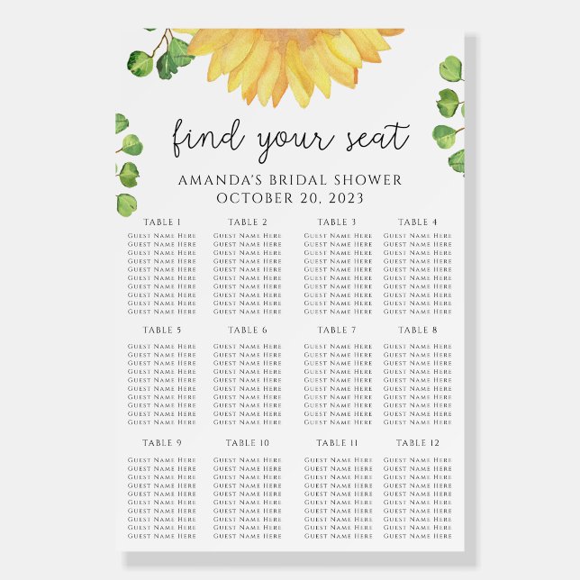 Watercolor sunflower seating chart foam board (Front)